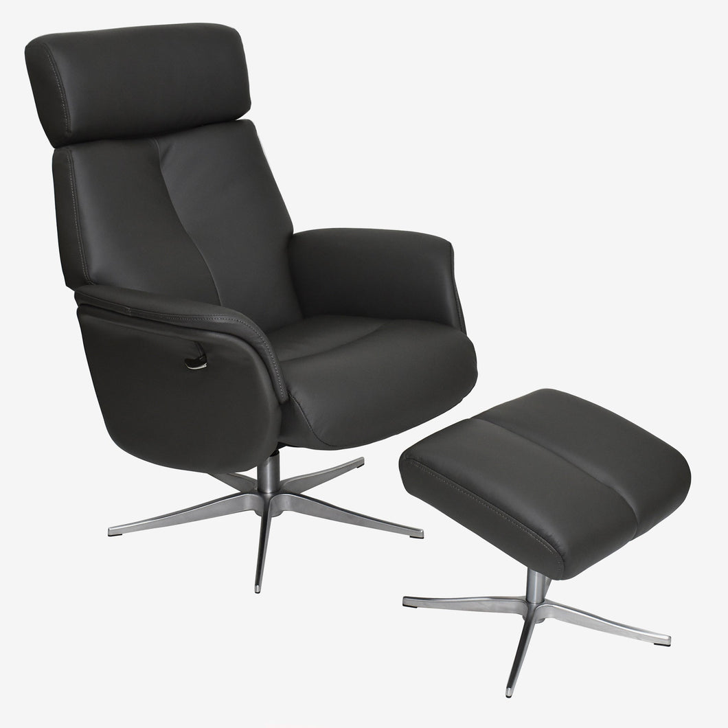 Tucker Swivel Recliner & Footstool - Charcoal Leather